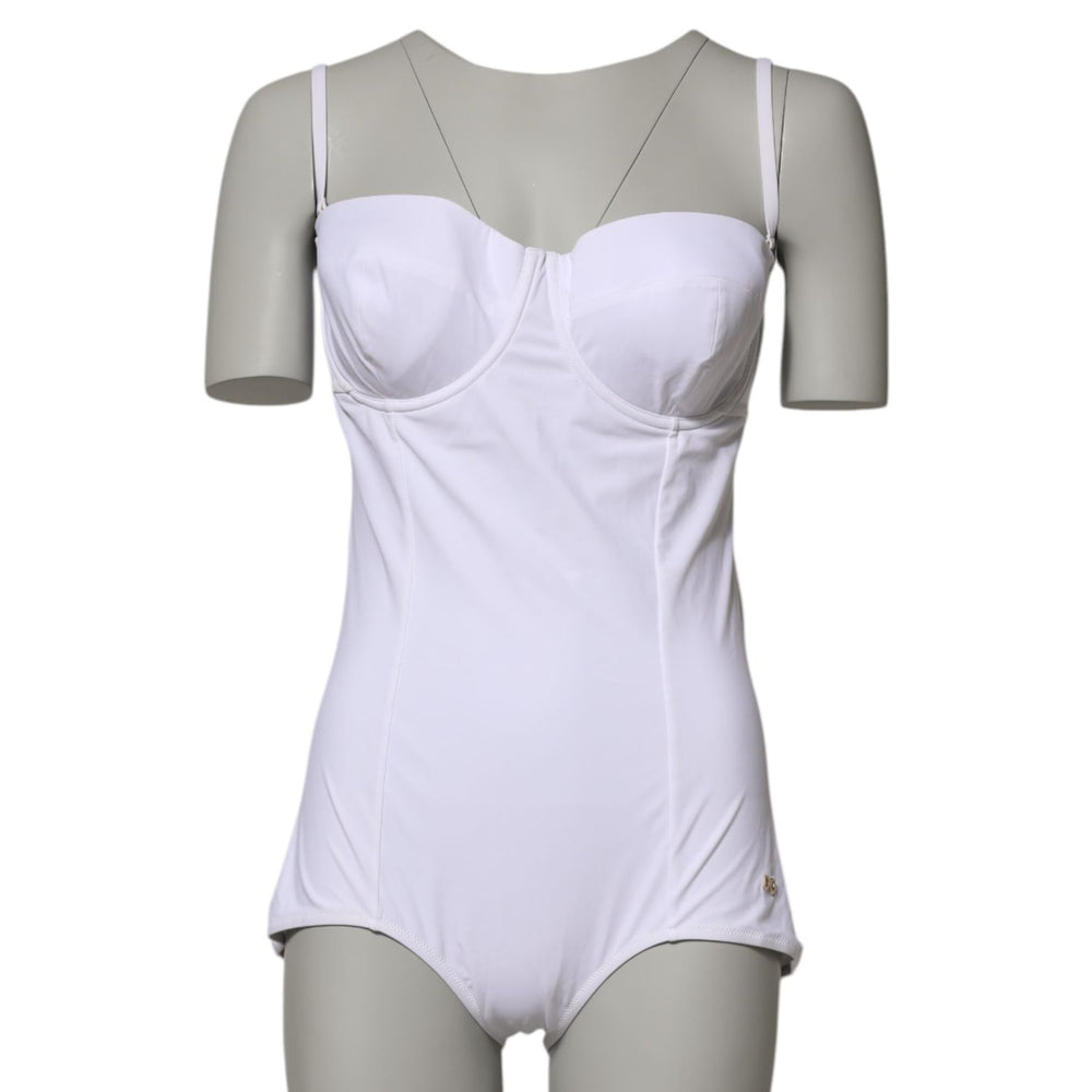 Dolce & Gabbana White Padded Balconette One Piece Swimwear, elegant design with padded neckline and logo detail, perfect for beachwear.