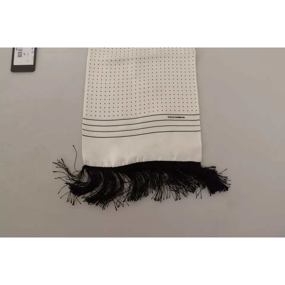 Dolce & Gabbana White Polka Dots Pattern Silk Fringes Wrap Scarf