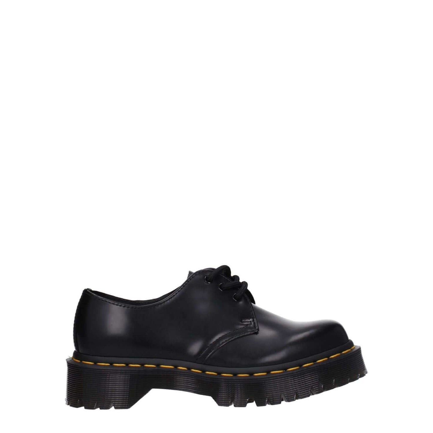 Dr. Martens Black Leather Oxfords And Derbies, casual lace-up design, rubber sole, mid heel, round toe.