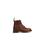 Dr. Martens Brown Leather Athletic boot with 8-eyelet and yellow stitching, side view showcasing pebbled finish and rubber sole.