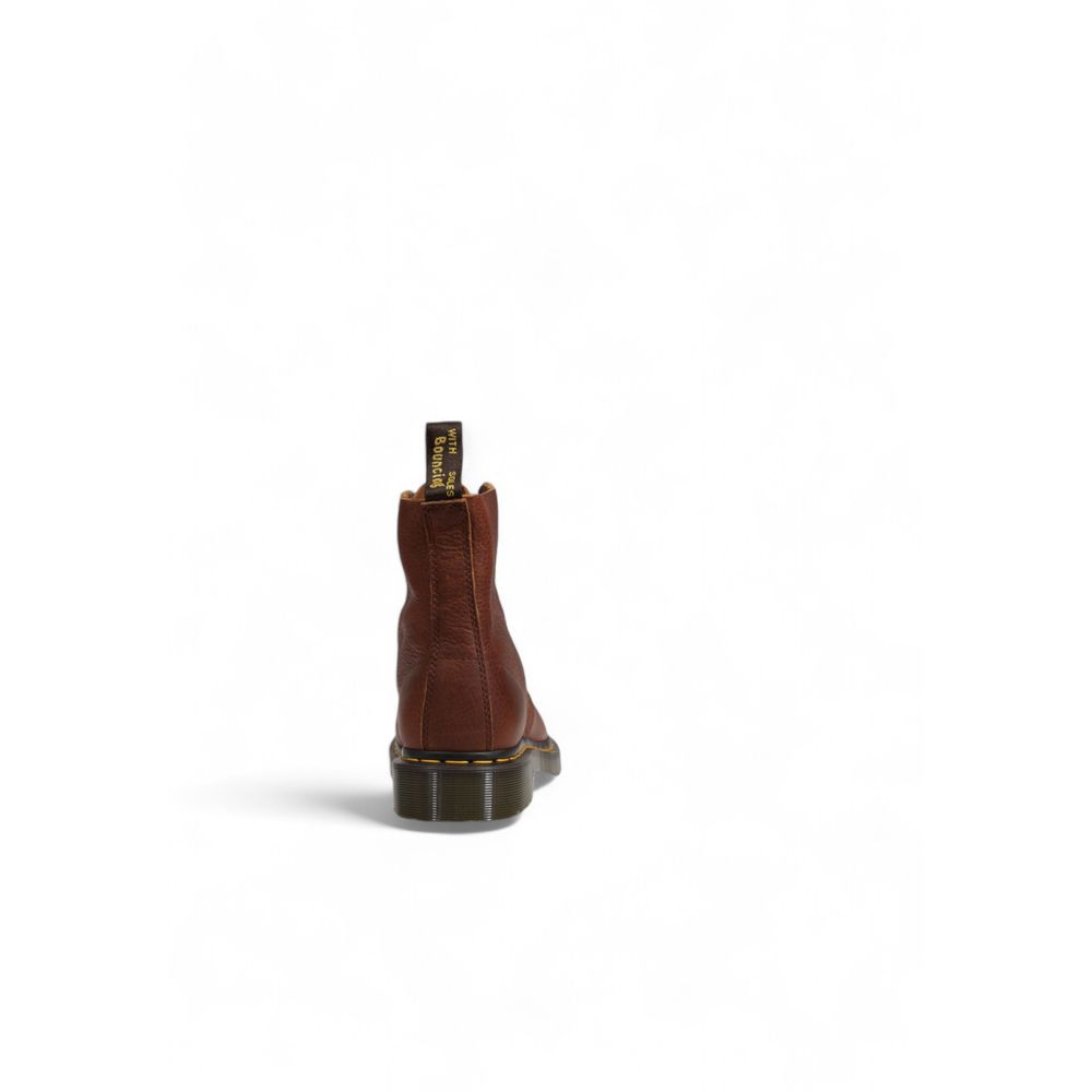 Rear view of a Dr. Martens Brown Leather Athletic boot with pebbled finish and classic yellow stitching.