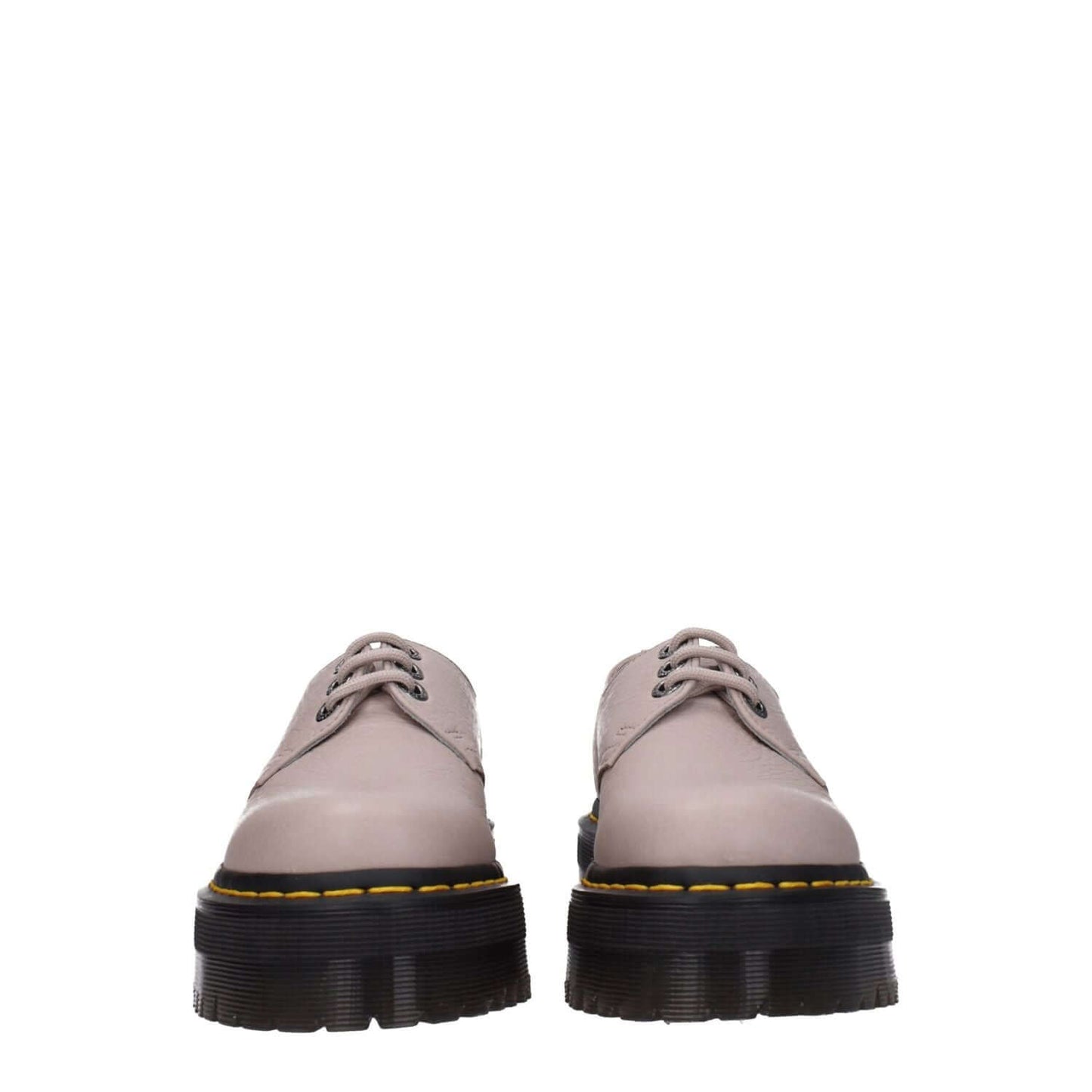 Dr. Martens Gray Leather Oxfords And Derbies with round toe and rubber sole, 4.5 cm mid heels, lace-up closure in taupe accent.
