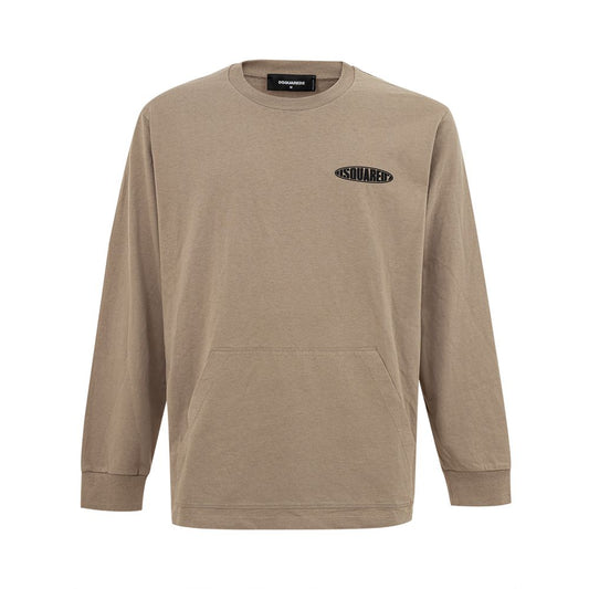 Dsquared² Beige Cotton T-Shirt with long sleeves, crew neck, black logo, maxi front pocket, over fit, side slits, 100% cotton.