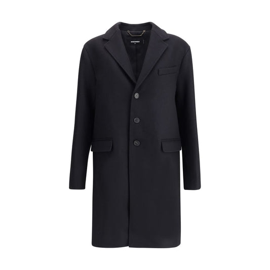 Dsquared² Black Wool Coat with single-breasted design, front button closure, side pockets, and monogrammed lining.