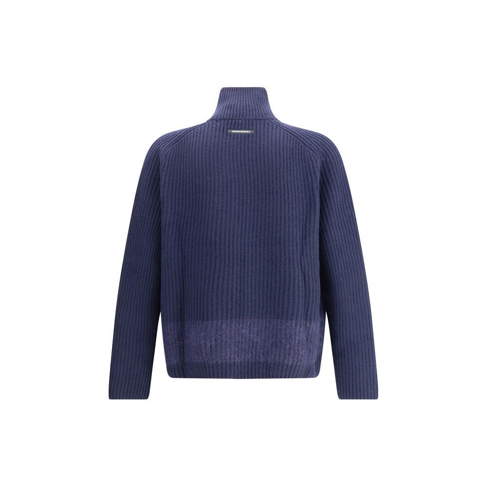 Back view of Dsquared² Blue Wool Cardigan with high collar and textured knit design, showcasing refined style and double slider zipper.