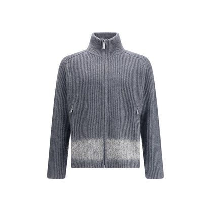 Alt Tag: Dsquared² Gray Wool Cardigan with high collar and mohair band, featuring ribbed knit and double-slider zipper for a stylish look.