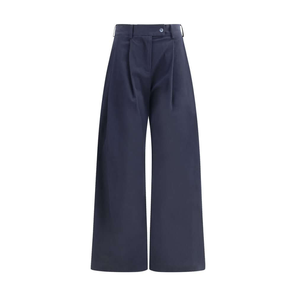 Ella Blue Cotton Casual Pants featuring wide leg, front pleats, button closure, and side pockets. AW25 collection regular fit.
