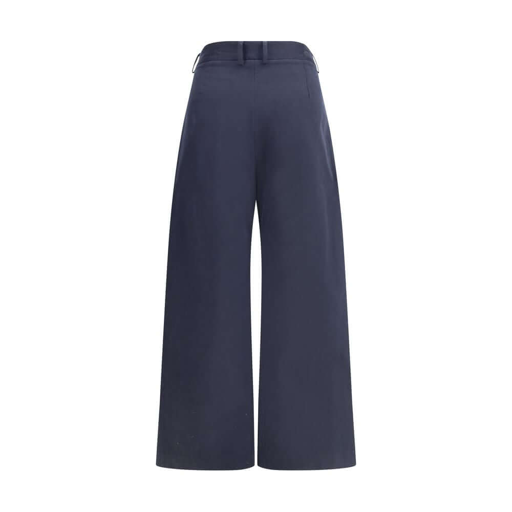 Ella Blue Cotton Casual Pants with wide leg and front pleats, featuring a front zip, button closure, belt loops, and side welt pockets.