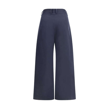 Ella Blue Cotton Casual Pants with wide leg and front pleats, featuring a front zip, button closure, belt loops, and side welt pockets.