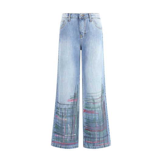 Ella Blue Cotton Jeans Denim with checked paint splatter pattern, wide-leg fit, and classic five-pocket style. Perfect for AW25 season.