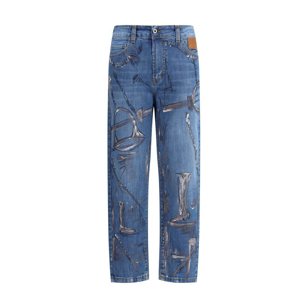 Ella Blue Cotton Slim Fit Jeans with paint splatter design, five-pocket style, zip and button closure, and belt loops for practical wear.