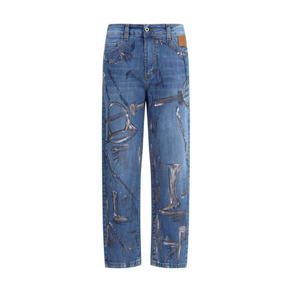 Ella Blue Cotton Slim Fit Jeans with paint splatter design, five-pocket style, zip and button closure, and belt loops for practical wear.