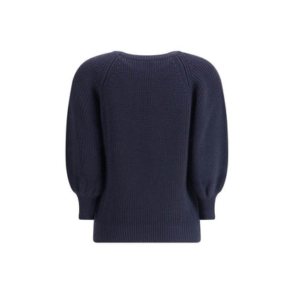 Ella Blue Merino Wool Sweater back view with chunky knit and ribbed design, perfect for winter style and comfort.