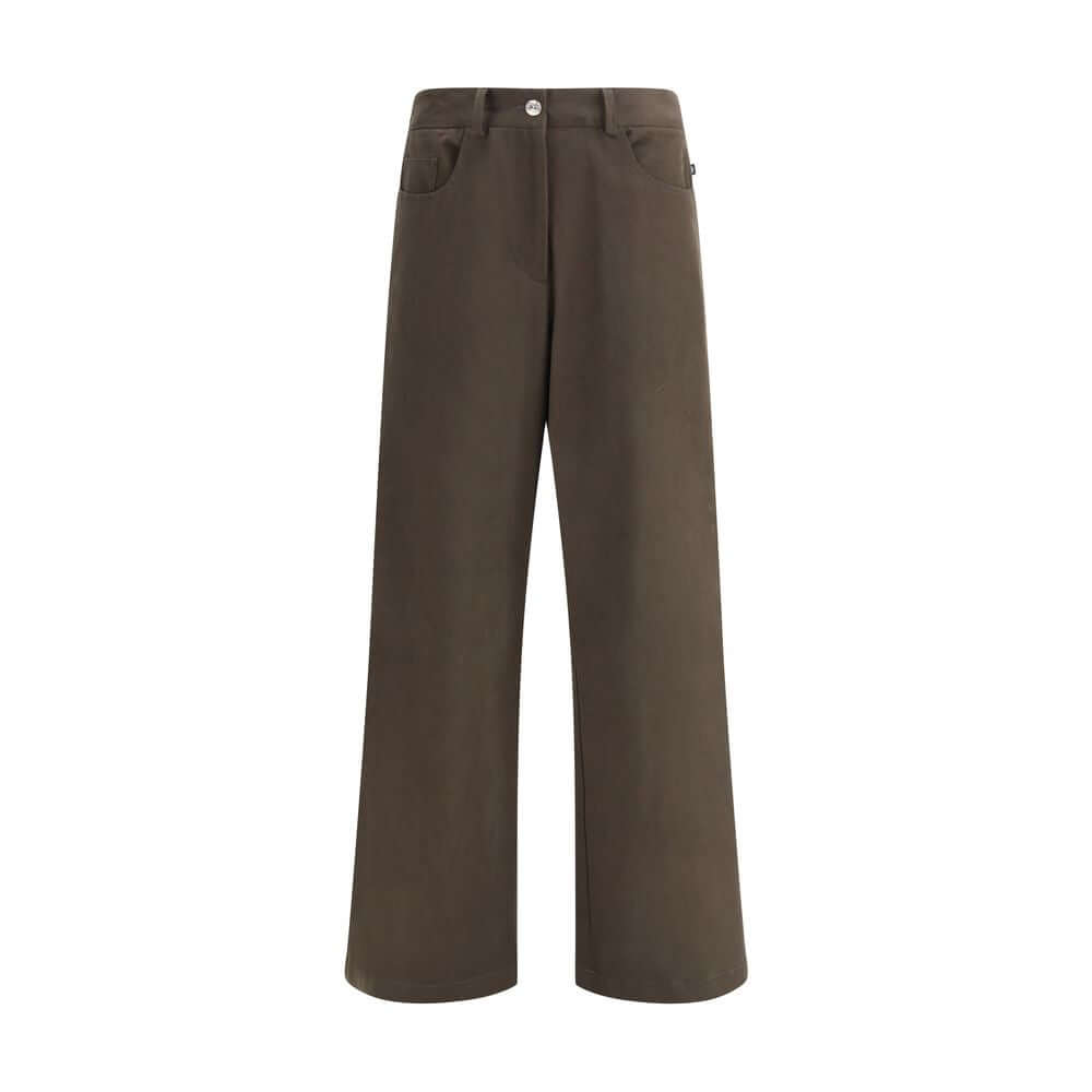 Ella Brown Cotton Casual Pants with classic straight leg, front button, and zip closure, 5-pocket design for everyday wear.