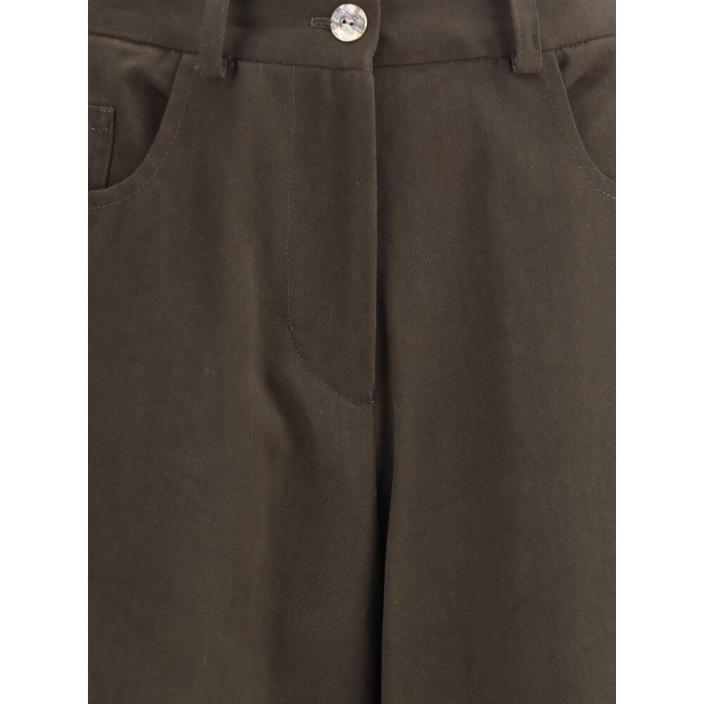 Close-up of Ella Brown Cotton Casual Pants featuring button and zip closure, five-pocket design, and belt loops for a classic casual look.