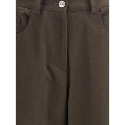 Close-up of Ella Brown Cotton Casual Pants featuring button and zip closure, five-pocket design, and belt loops for a classic casual look.
