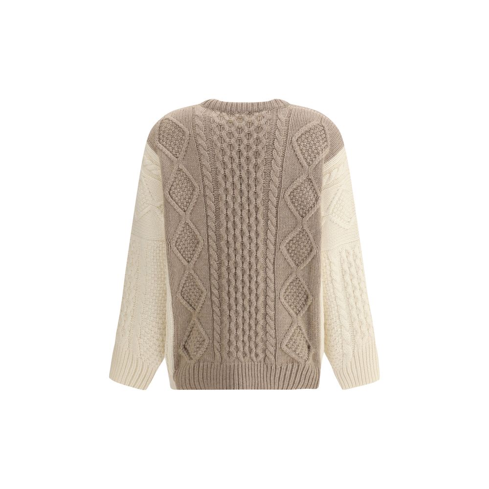 Ella Cream Cashmere Cashmere Sweater with two-tone cable-knit design and ribbed crewneck, highlighting texture and sophistication.