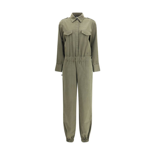Ella Green Cotton Jumpsuit with concealed button, classic collar, and front welt pockets. Perfect for a modern, versatile look.