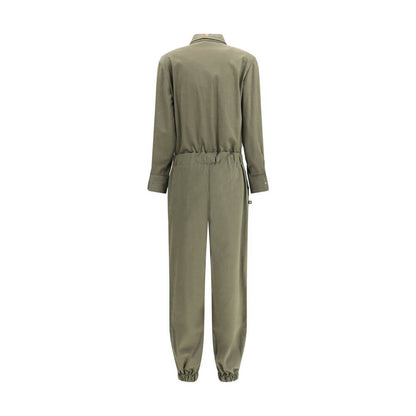 Back view of Ella Green Cotton Jumpsuit featuring elastic waistband and cuffs for a tailored fit.