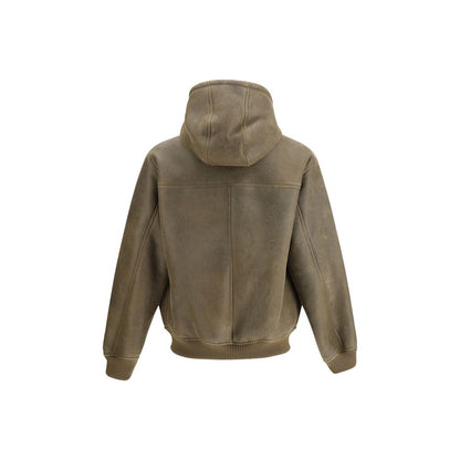 Emporio Armani Brown Lamb Ovis Aries Aries Bomber with hood view, showcasing stylish design and ribbed cuffs for a comfortable fit.