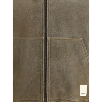 Emporio Armani Brown Lamb Ovis Aries Aries Bomber with front patch pockets and double-slider zipper closure.