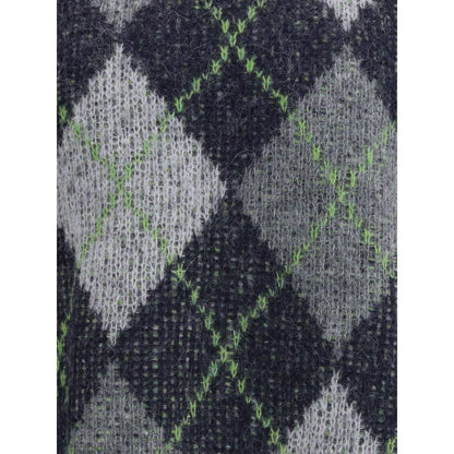 Close-up of knit pattern on Emporio Armani Gray Polyamide Sweatshirt featuring rhombus design with green and gray accents.