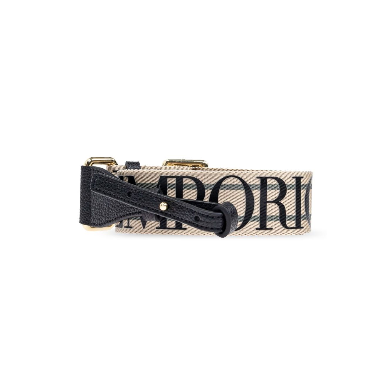 Black logo shoulder strap of Emporio Armani MyEA shopping bag with bold Emporio print, featured against a white background.