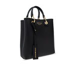 Emporio Armani MyEA shopping bag in black with logo print, shoulder strap, and removable pouch. Features magnetic fastening and two top handles.