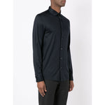Emporio Armani Shirts Blue, navy cotton-lyocell blend, straight-point collar, buttoned cuffs, long sleeves, curved hem