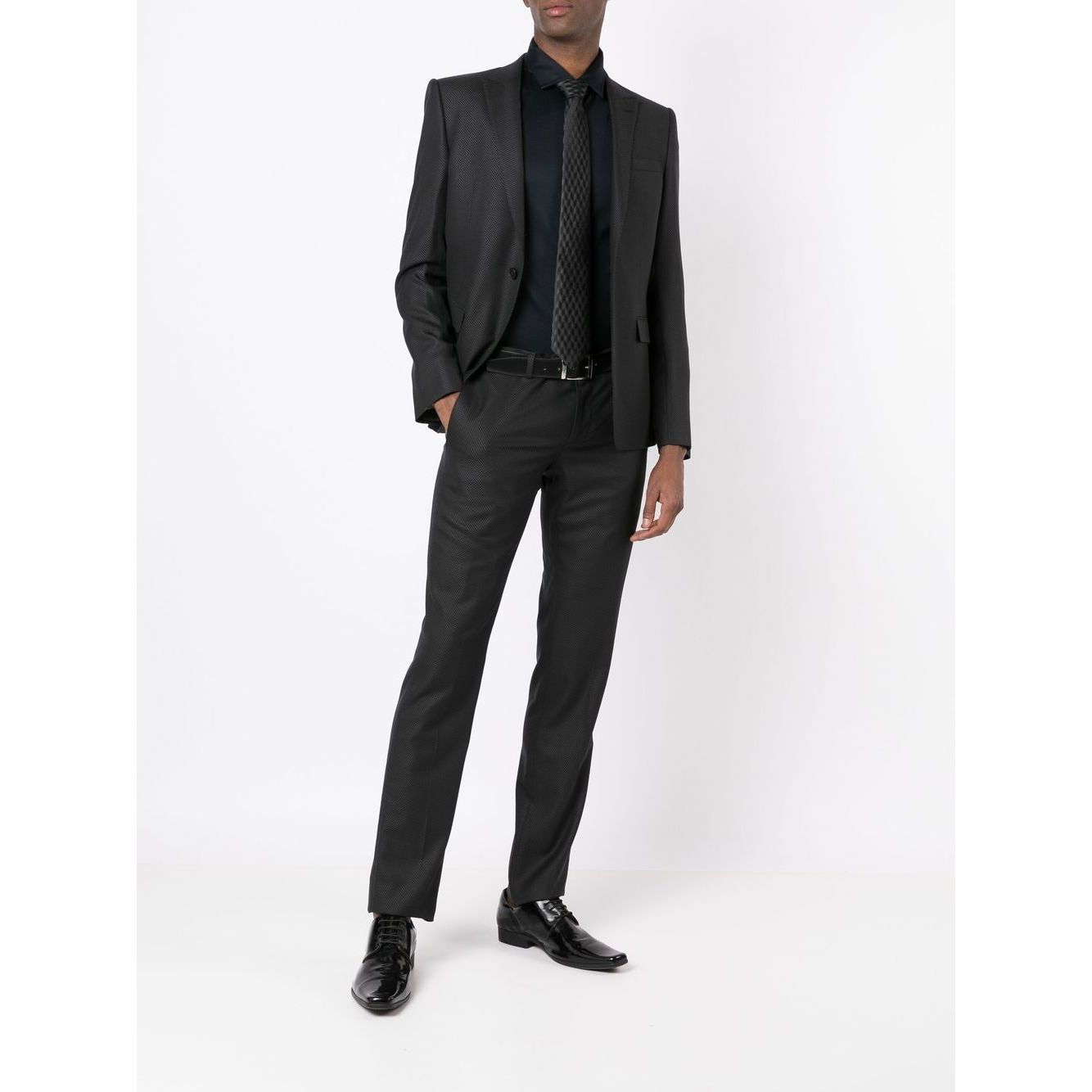 Model wearing navy blue Emporio Armani Shirts Blue with matching suit, showcasing elegant style and sleek design.