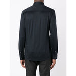 Back view of Emporio Armani Shirts Blue, navy cotton-lyocell blend with long sleeves and buttoned cuffs, straight-point collar.