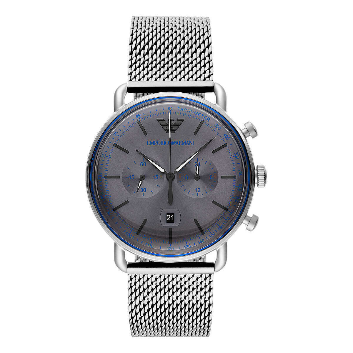 Emporio Armani Sophisticated Silver Steel Chronograph Watch with grey dial and stainless steel case on mesh band.
