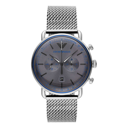 Emporio Armani Sophisticated Silver Steel Chronograph Watch with grey dial and stainless steel case on mesh band.