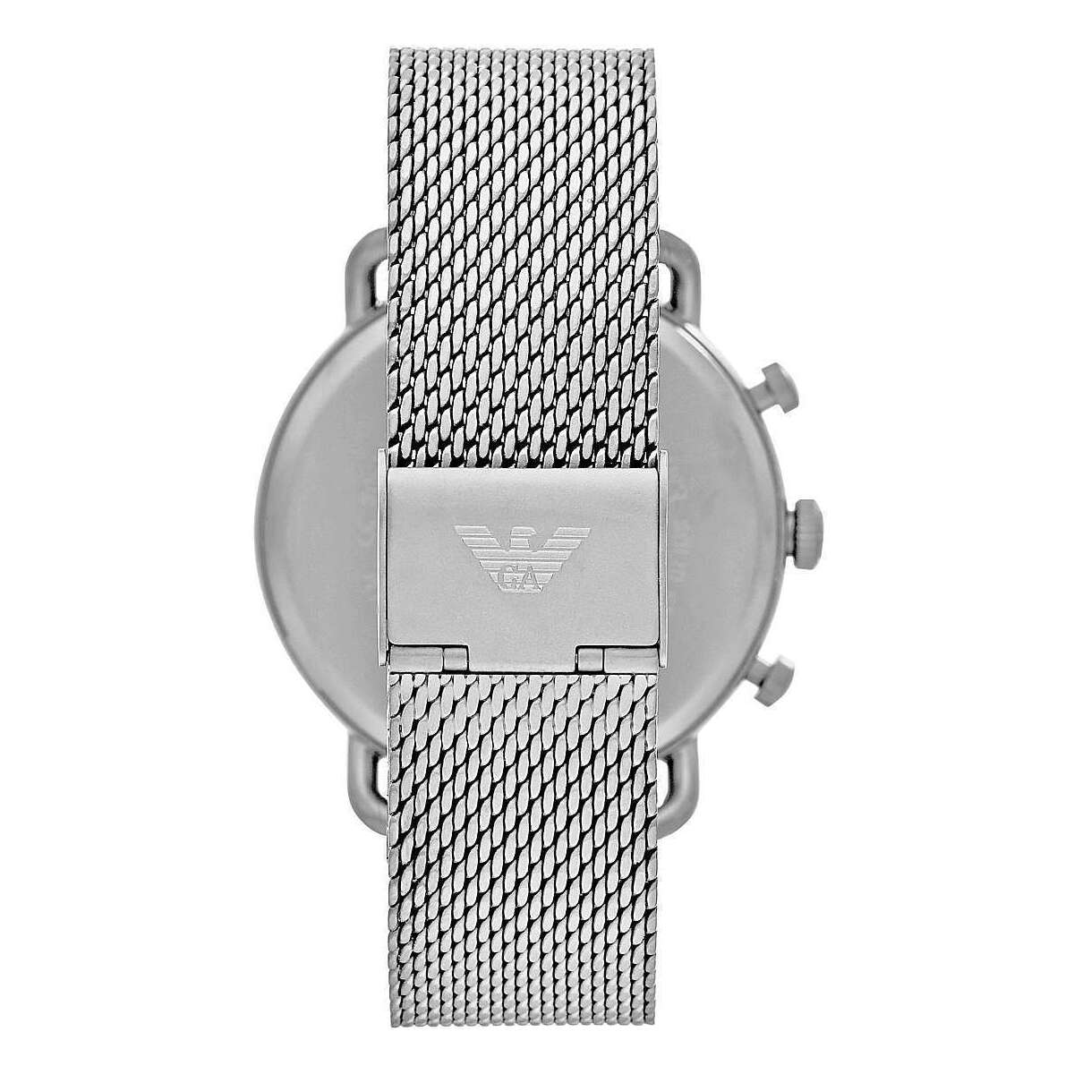 Emporio Armani Sophisticated Silver Steel Chronograph Watch back view with mesh strap and logo