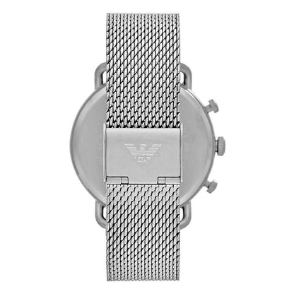 Emporio Armani Sophisticated Silver Steel Chronograph Watch back view with mesh strap and logo