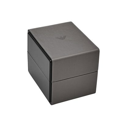 Emporio Armani Sophisticated Silver Steel Chronograph Watch box packaging