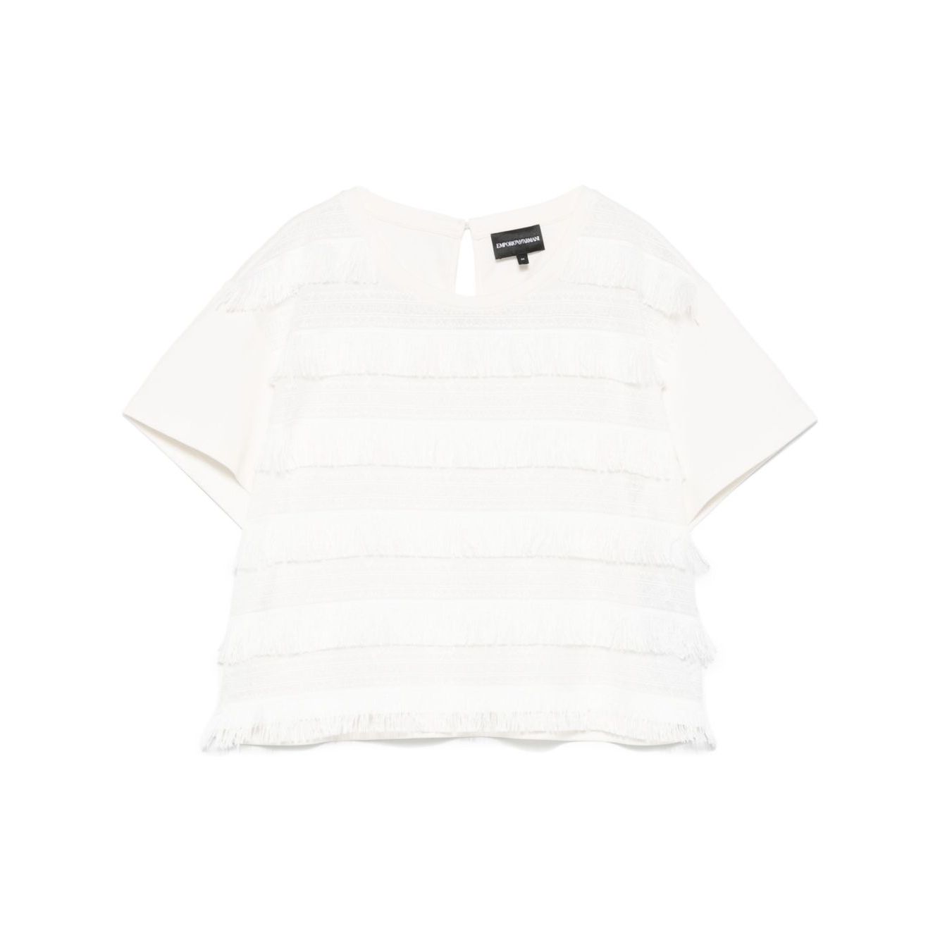 Emporio Armani T-shirt with fringes, white cotton, crew neck, short sleeves, embroidered logo, rear button fastening