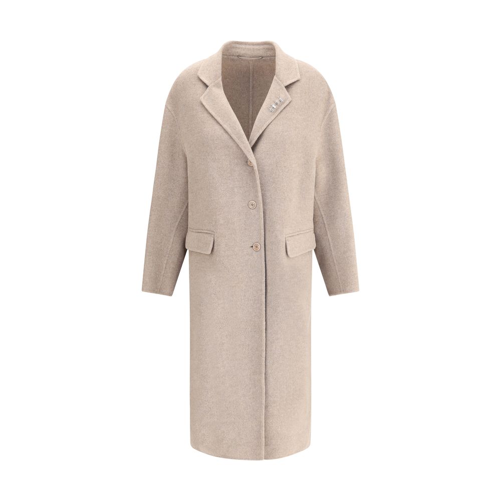 Ermanno Scervino Beige Wool Coat with rhinestone pins, classic lapels, V-neckline, above-ankle length, and welt flap pockets.