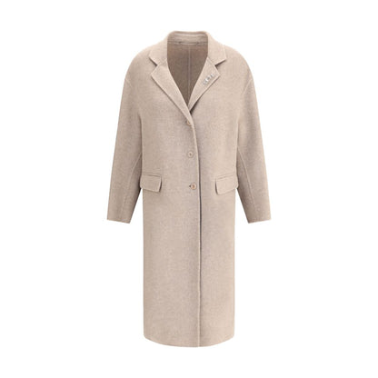 Ermanno Scervino Beige Wool Coat with rhinestone pins, classic lapels, V-neckline, above-ankle length, and welt flap pockets.