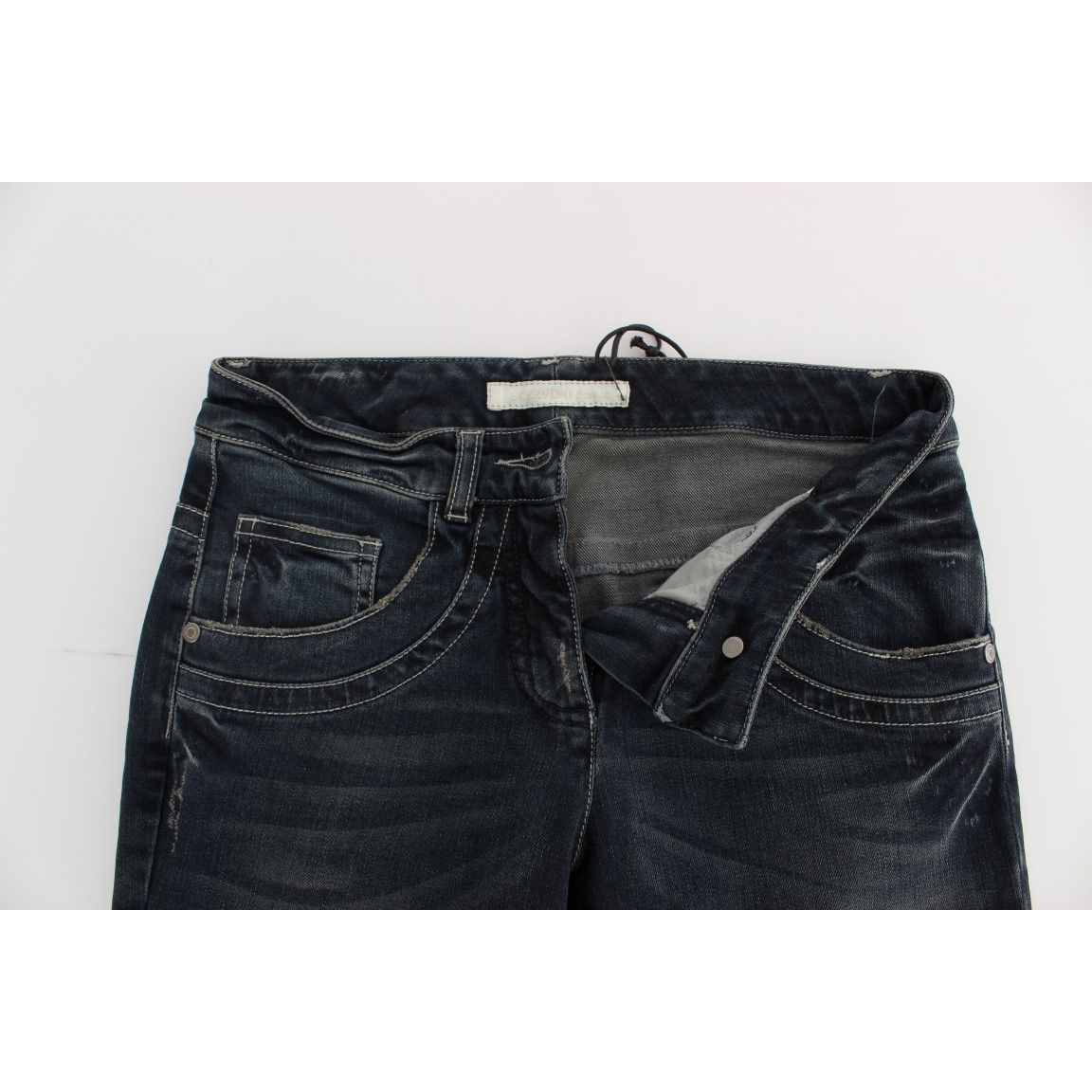 Ermanno Scervino Blue Cotton Blend Slim Fit Jeans with front view showcases denim texture and details, new with tags.