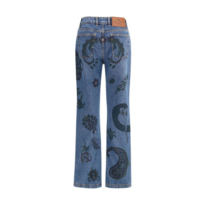 Etro Blue Cotton Flared Jeans with floral and bee print, back view showing Paisley motifs and Pegasus logo button detail.