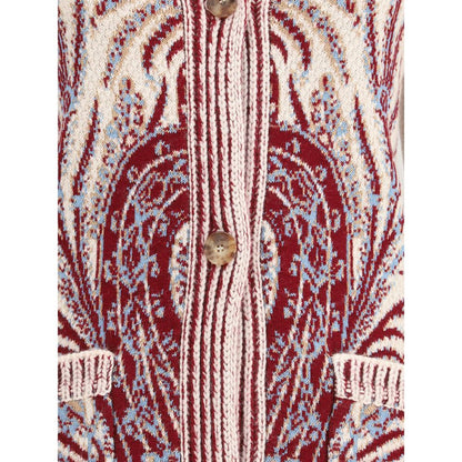 Close-up of Etro Multicolor Wool Cardigan with Paisley floral jacquard pattern, showcasing buttons and ribbed trim detailing.