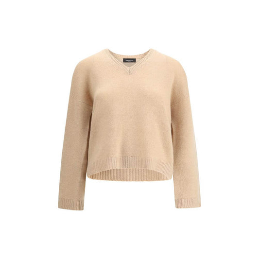Fabiana Filippi Beige Cashmere Cashmere Sweater with ribbed V-neck, hem, and cuffs, offering elegance and comfort for AW25 season.