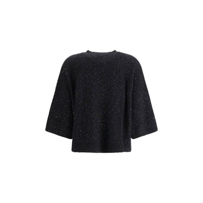 Fabiana Filippi Black Fleece Wool Sweatshirt with sequin details, ribbed crew neck, and wide 3/4 sleeves, front view.