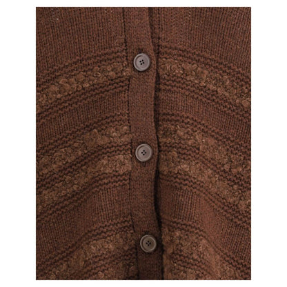 Close-up of Fabiana Filippi Brown Camel Hair Cardigan with button closure and ribbed hem, featuring intricate textured knit design for AW25.
