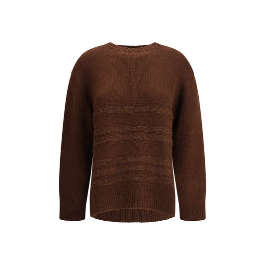 Fabiana Filippi Brown Camel Hair Sweatshirt with ribbed knit collar, cuffs, and hem, featuring contrasting bouclé yarn stripes. AW25 season.