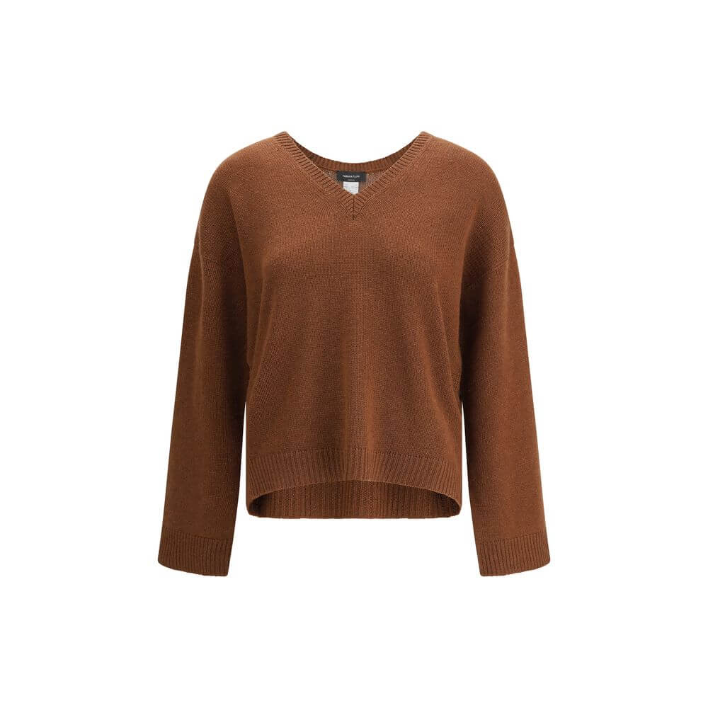 Fabiana Filippi Brown Cashmere Cashmere Sweater with ribbed V-neck, hem, and cuffs, offering a classic, elegant design for AW25.