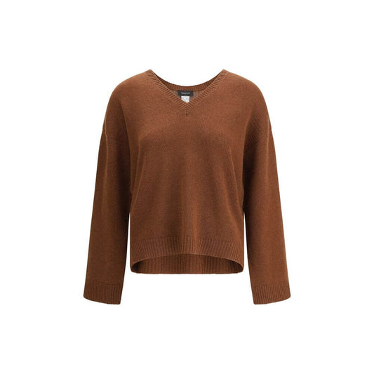 Fabiana Filippi Brown Cashmere Cashmere Sweater with ribbed V-neck, hem, and cuffs, offering a classic, elegant design for AW25.