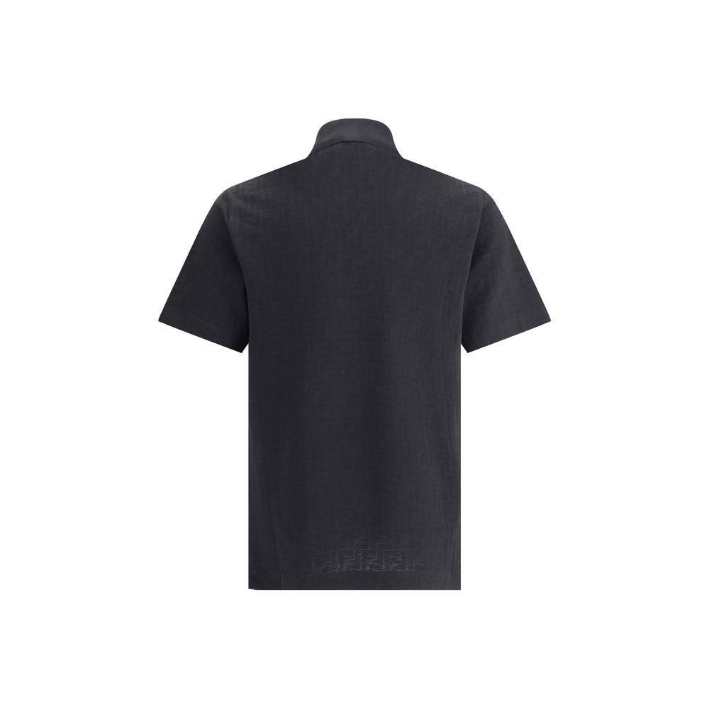 Fendi Black Cotton Polo Shirt with FF jacquard print, ribbed collar, and tone-on-tone buttons, showcasing elegance and brand identity.