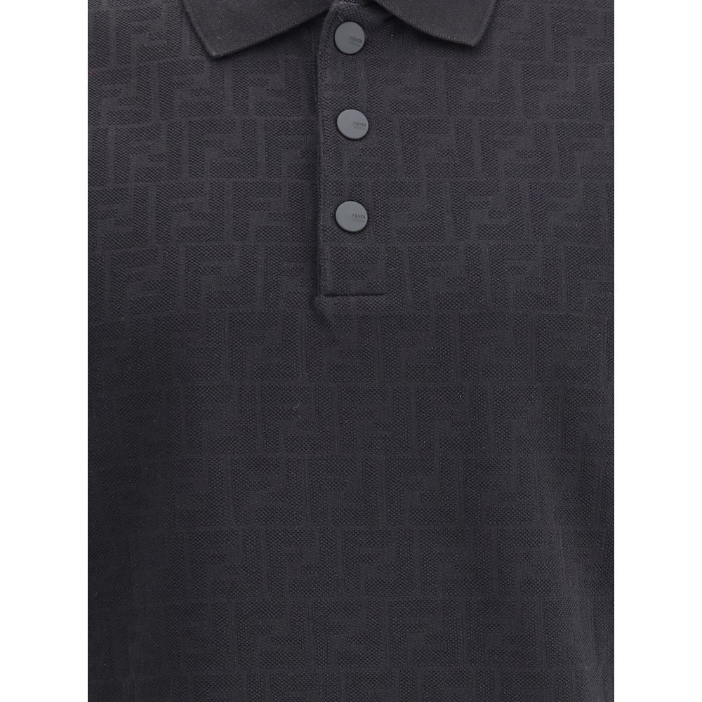 Close-up of Fendi Black Cotton Polo Shirt with ribbed collar and FF jacquard print for a sophisticated look.